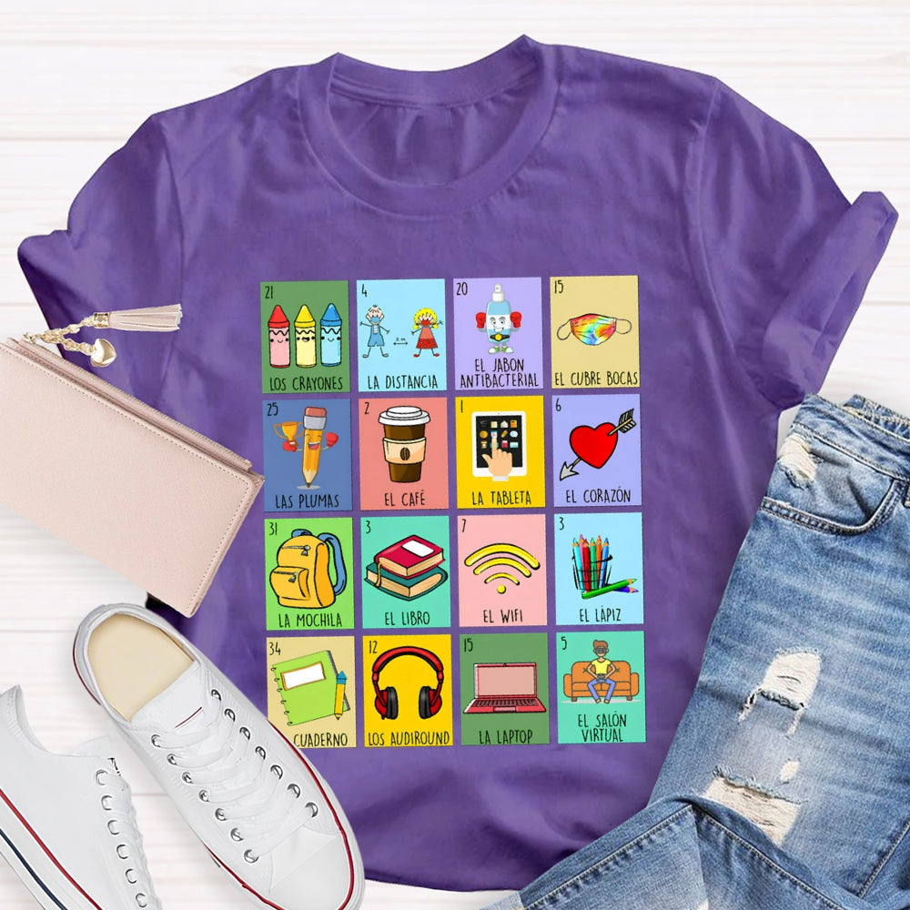Crayones Distancia Cubrebocas Plumas Cafe Tableta Corazon Bilingual Teacher T-shirt