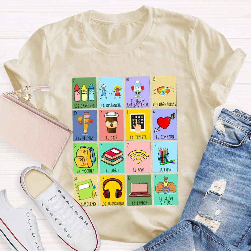 Crayones Distancia Cubrebocas Plumas Cafe Tableta Corazon Bilingual Teacher T-shirt