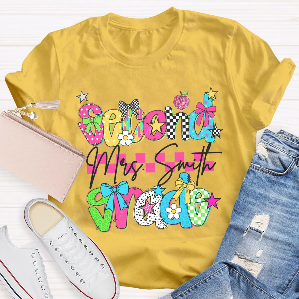 Personalized Name And Grade Second Grade Pink Checkered T-shirt