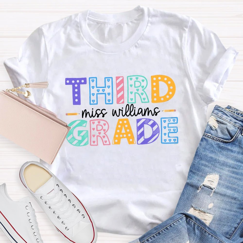 Personalized Name And Grade Third Grade Colorful Dots T-shirt