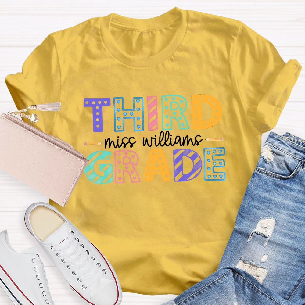 Personalized Name And Grade Third Grade Colorful Dots T-shirt