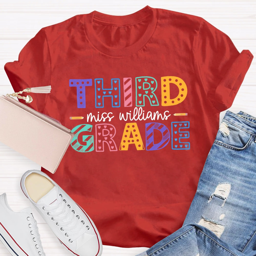 Personalized Name And Grade Third Grade Colorful Dots T-shirt