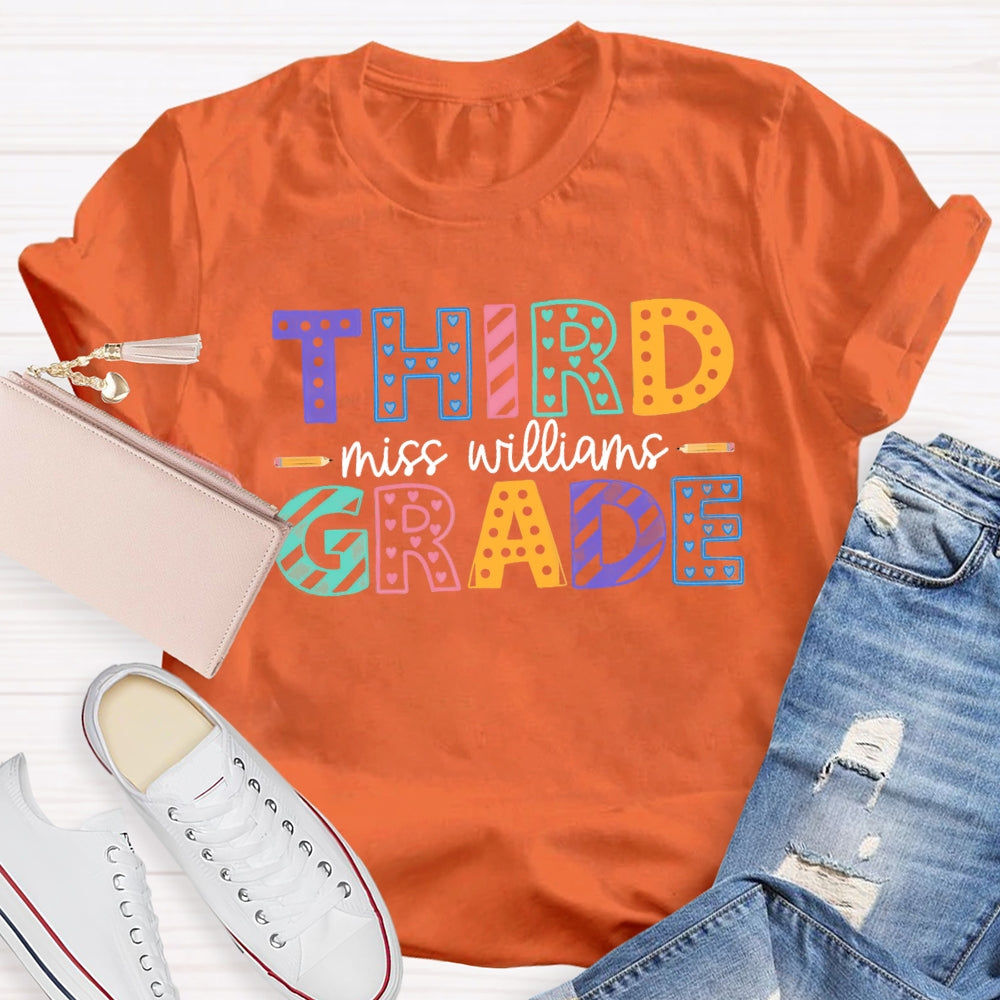 Personalized Name And Grade Third Grade Colorful Dots T-shirt