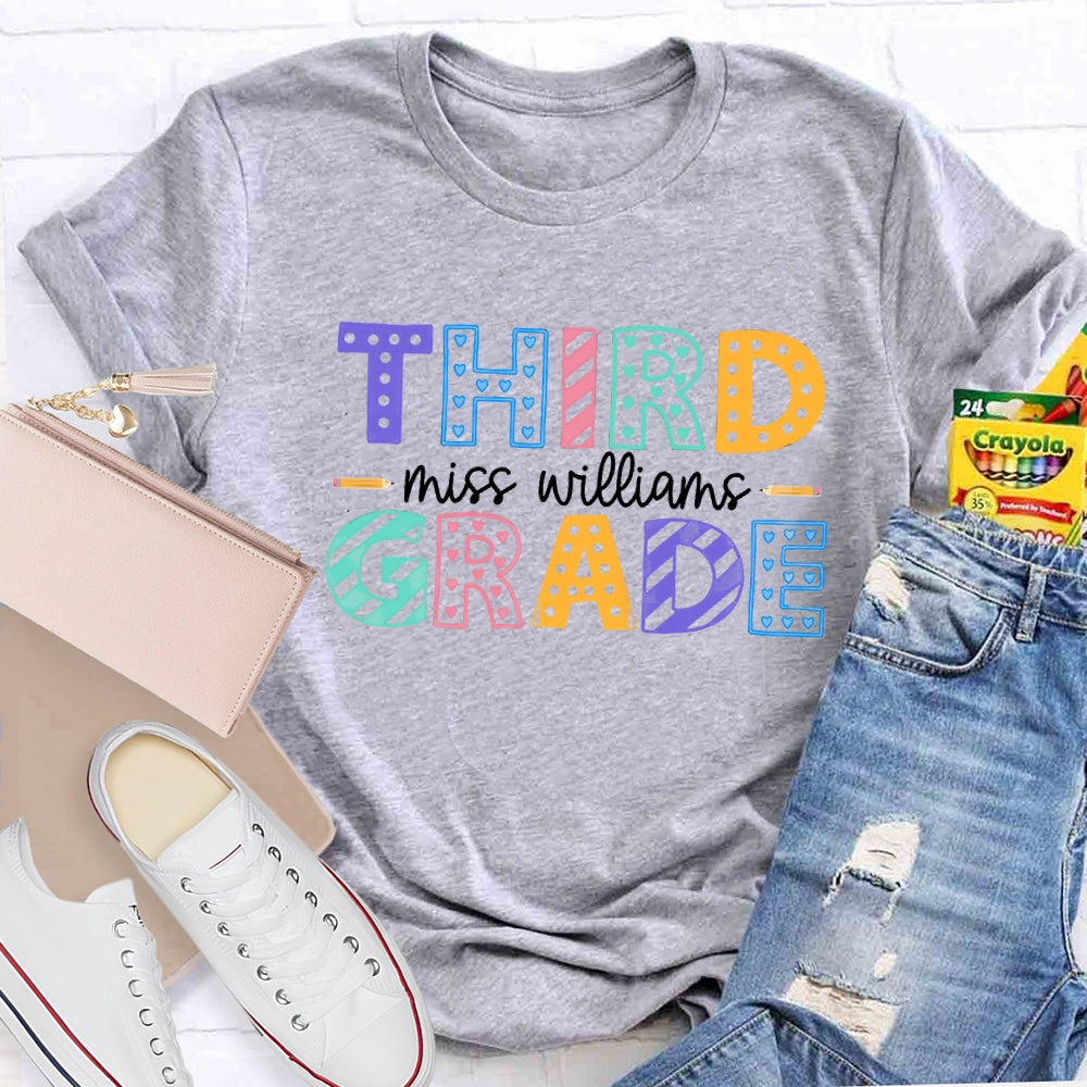 Personalized Name And Grade Third Grade Colorful Dots T-shirt