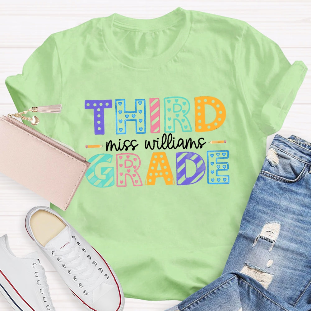 Personalized Name And Grade Third Grade Colorful Dots T-shirt