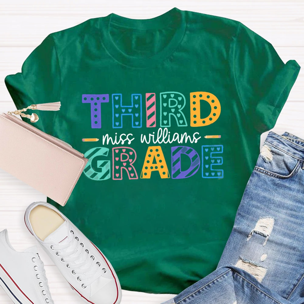 Personalized Name And Grade Third Grade Colorful Dots T-shirt