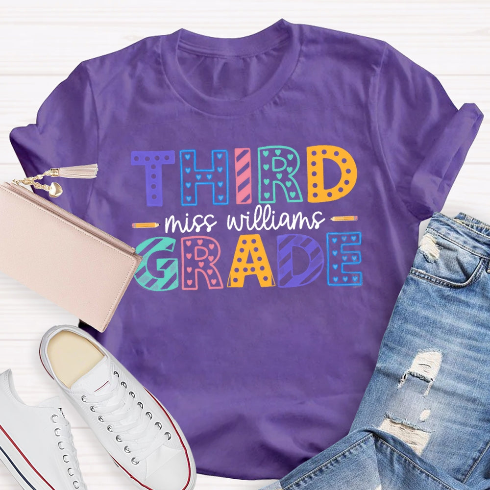 Personalized Name And Grade Third Grade Colorful Dots T-shirt
