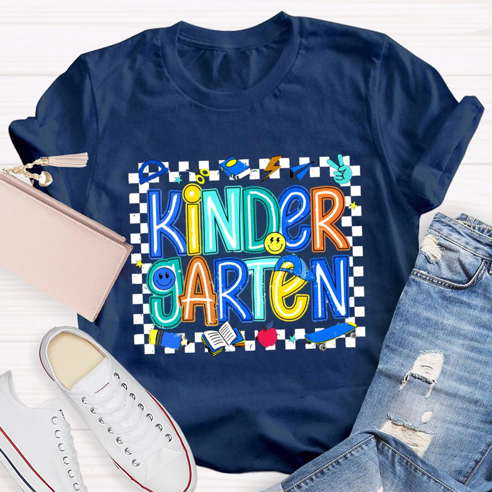 Personalized Grade Kinder Garten Smiley Face Pattern And Checkered T-shirt