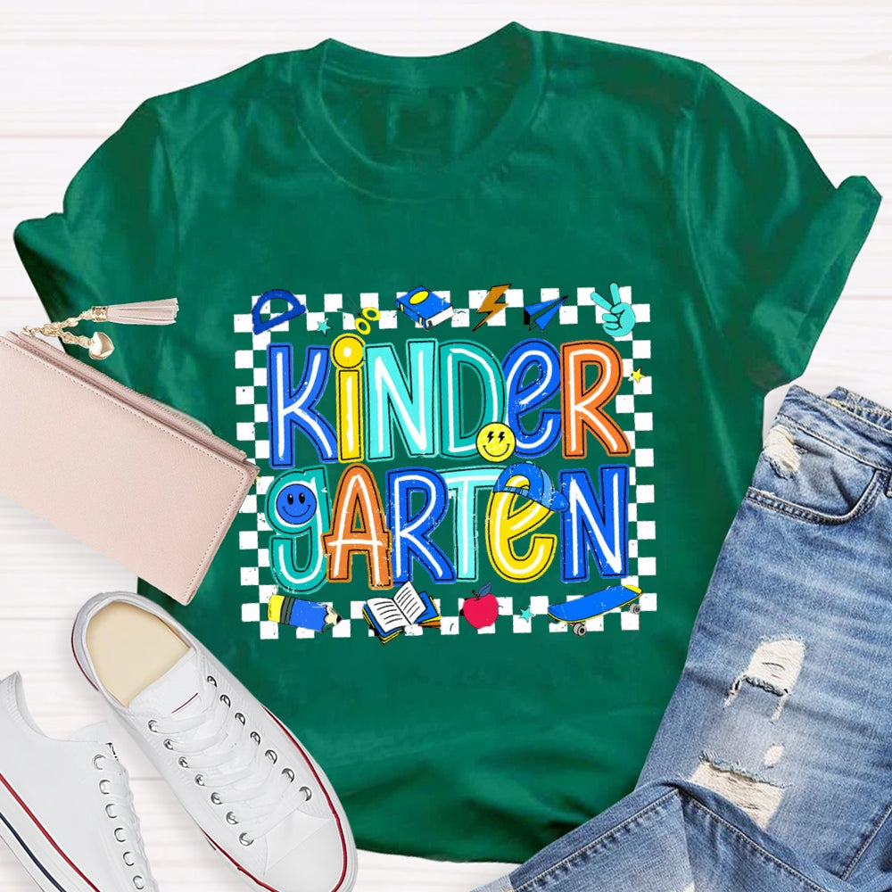 Personalized Grade Kinder Garten Smiley Face Pattern And Checkered T-shirt