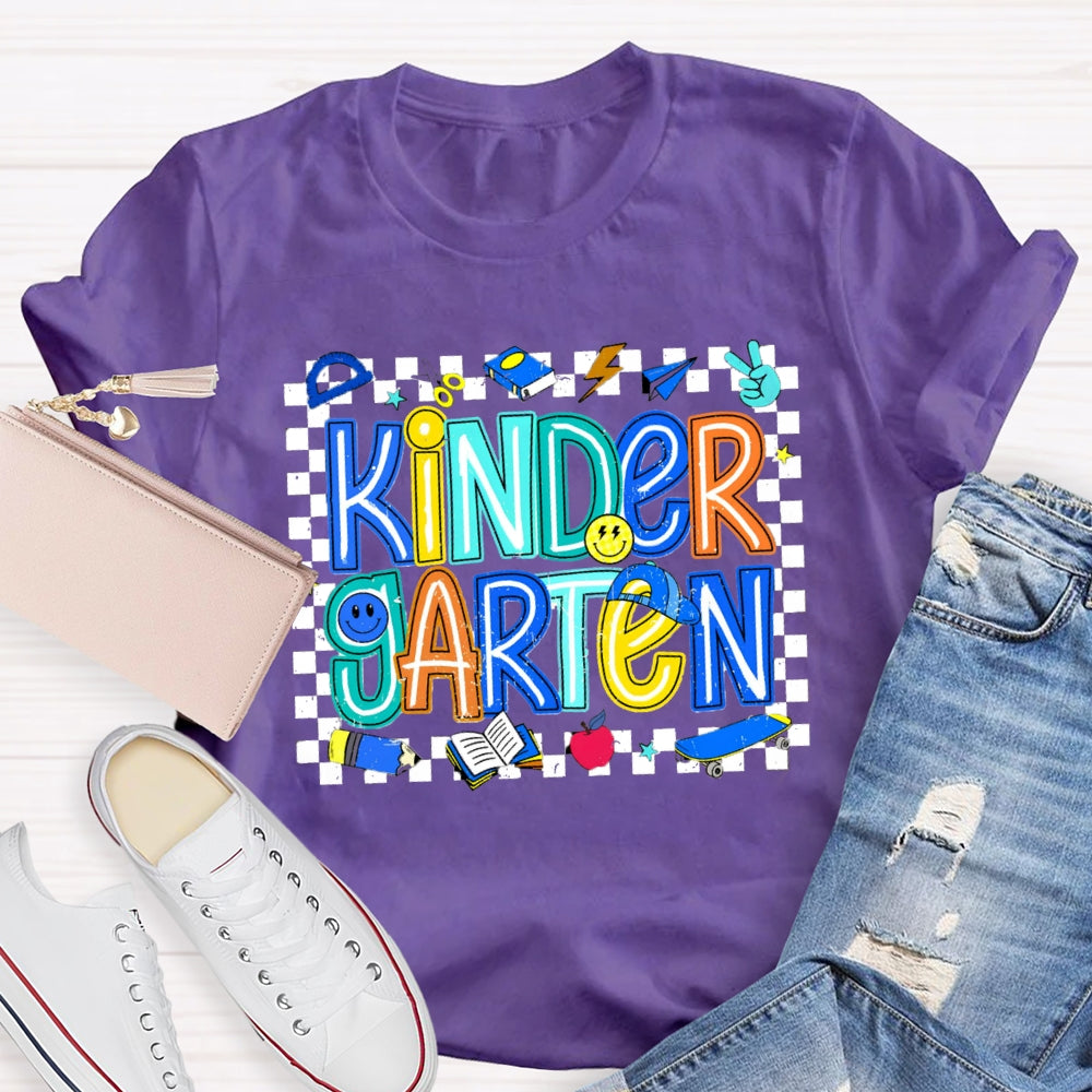 Personalized Grade Kinder Garten Smiley Face Pattern And Checkered T-shirt