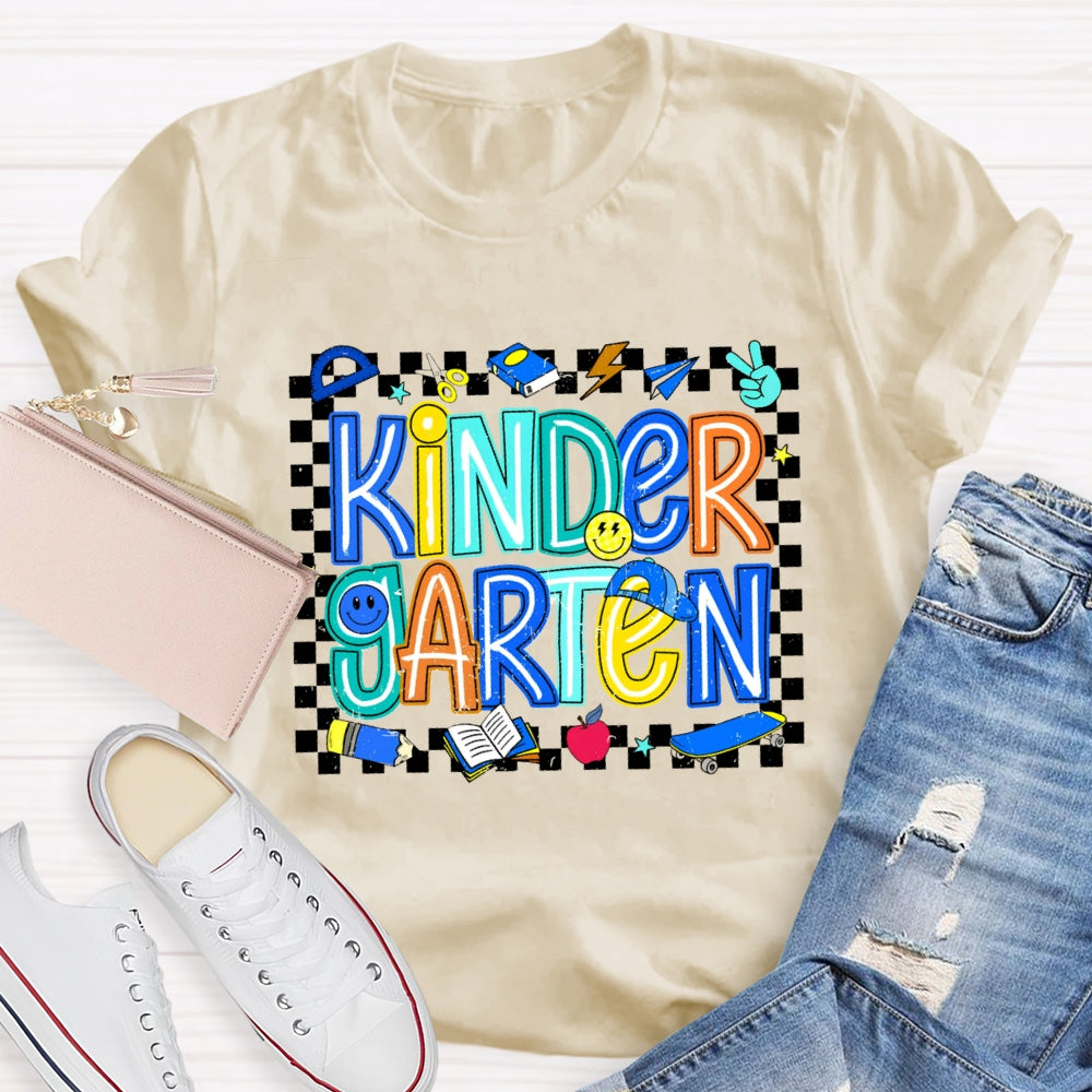 Personalized Grade Kinder Garten Smiley Face Pattern And Checkered T-shirt