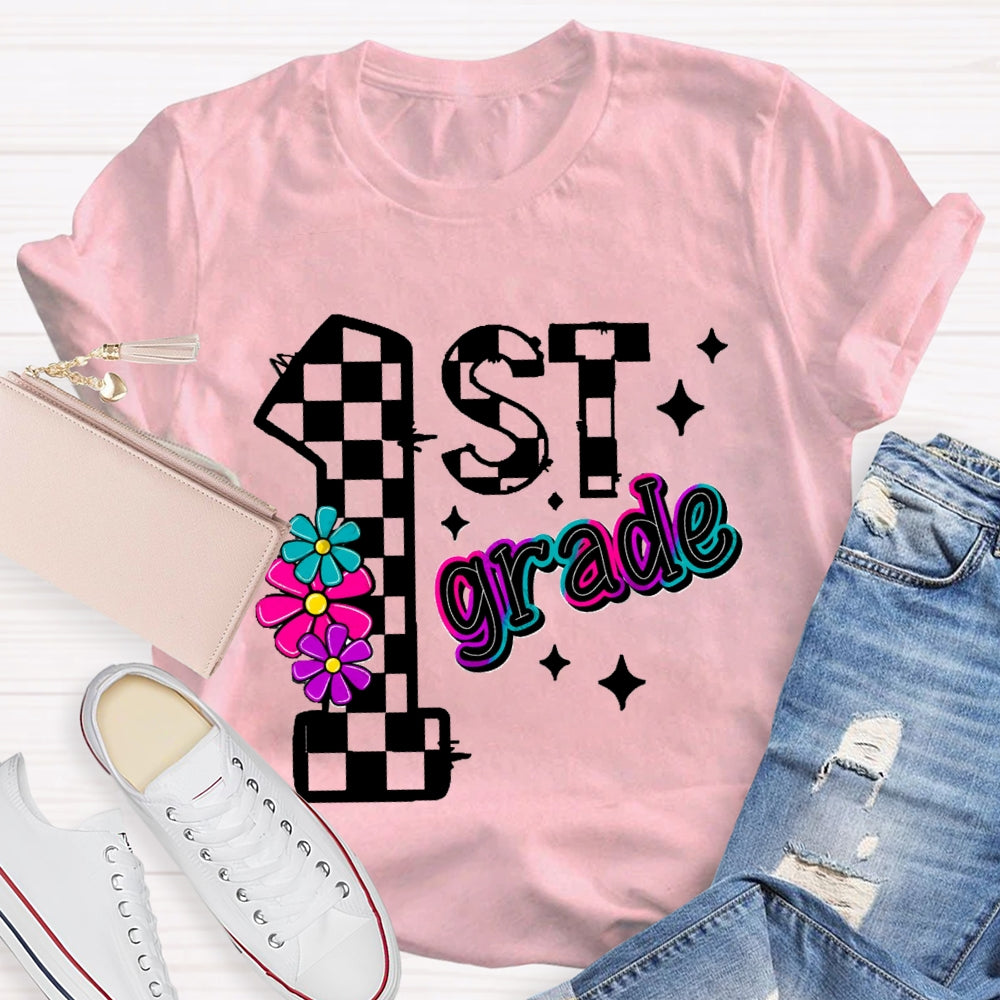 Personalized Grade First Grade Colorful Gradient Letters And Flowers T-shirt