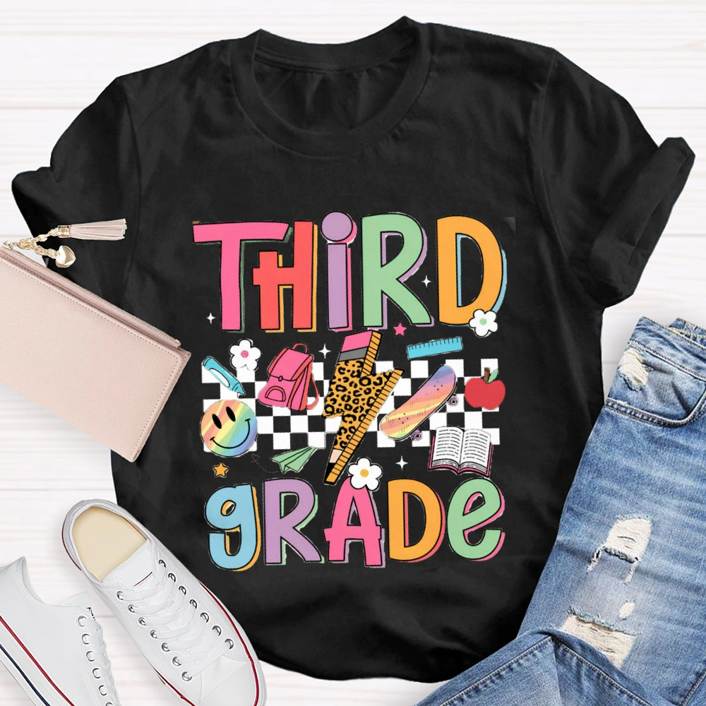 Personalized Grade Third Grade Small Checkered Print Teacher T-shirt