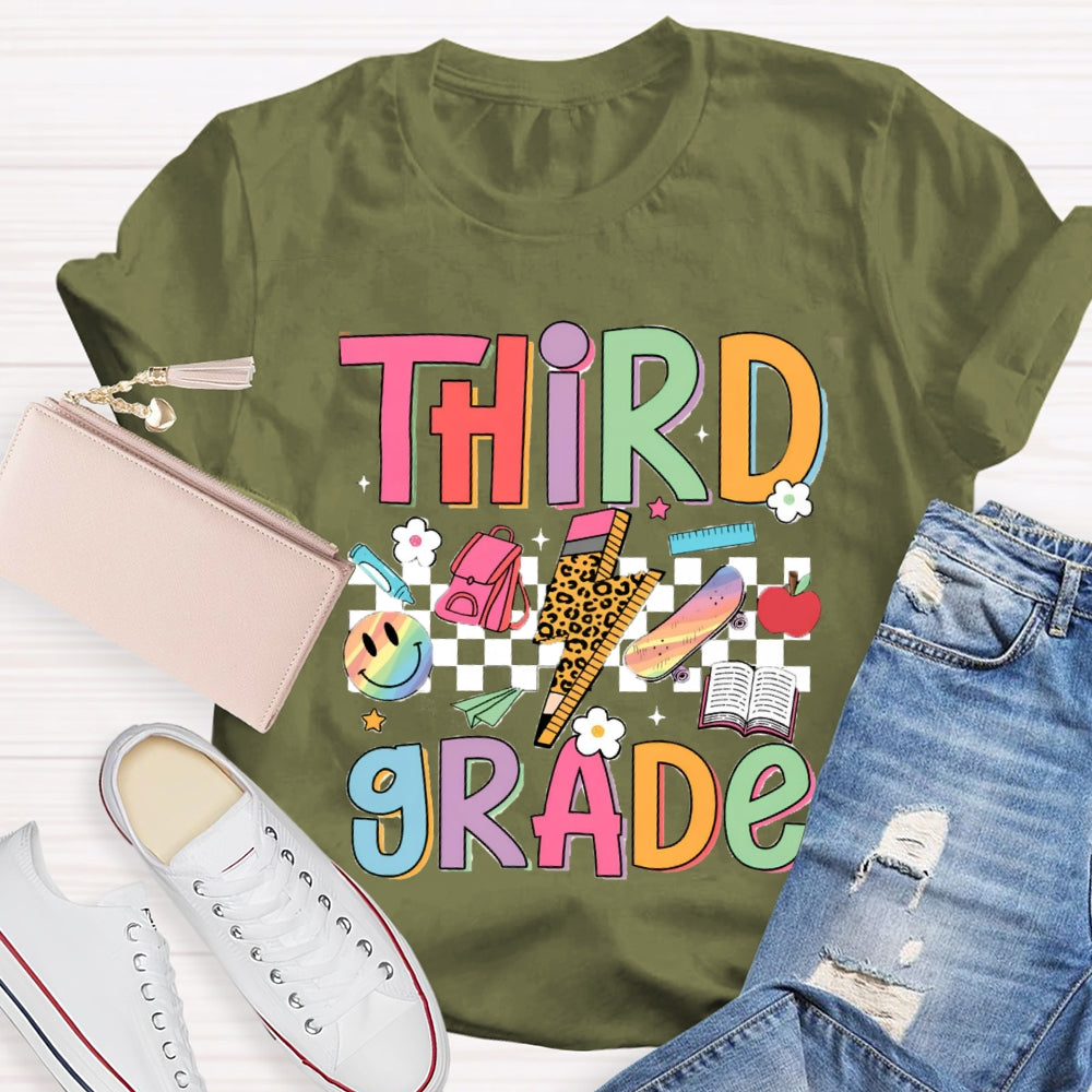 Personalized Grade Third Grade Small Checkered Print Teacher T-shirt