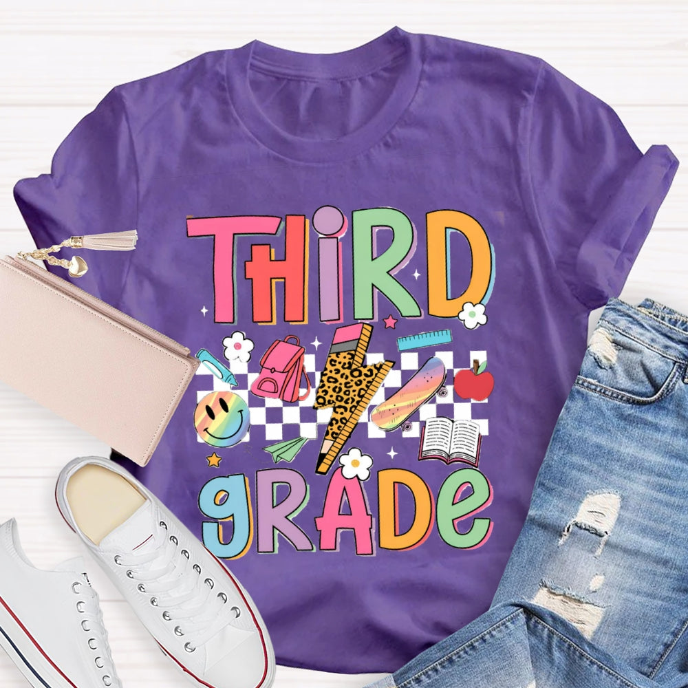 Personalized Grade Third Grade Small Checkered Print Teacher T-shirt