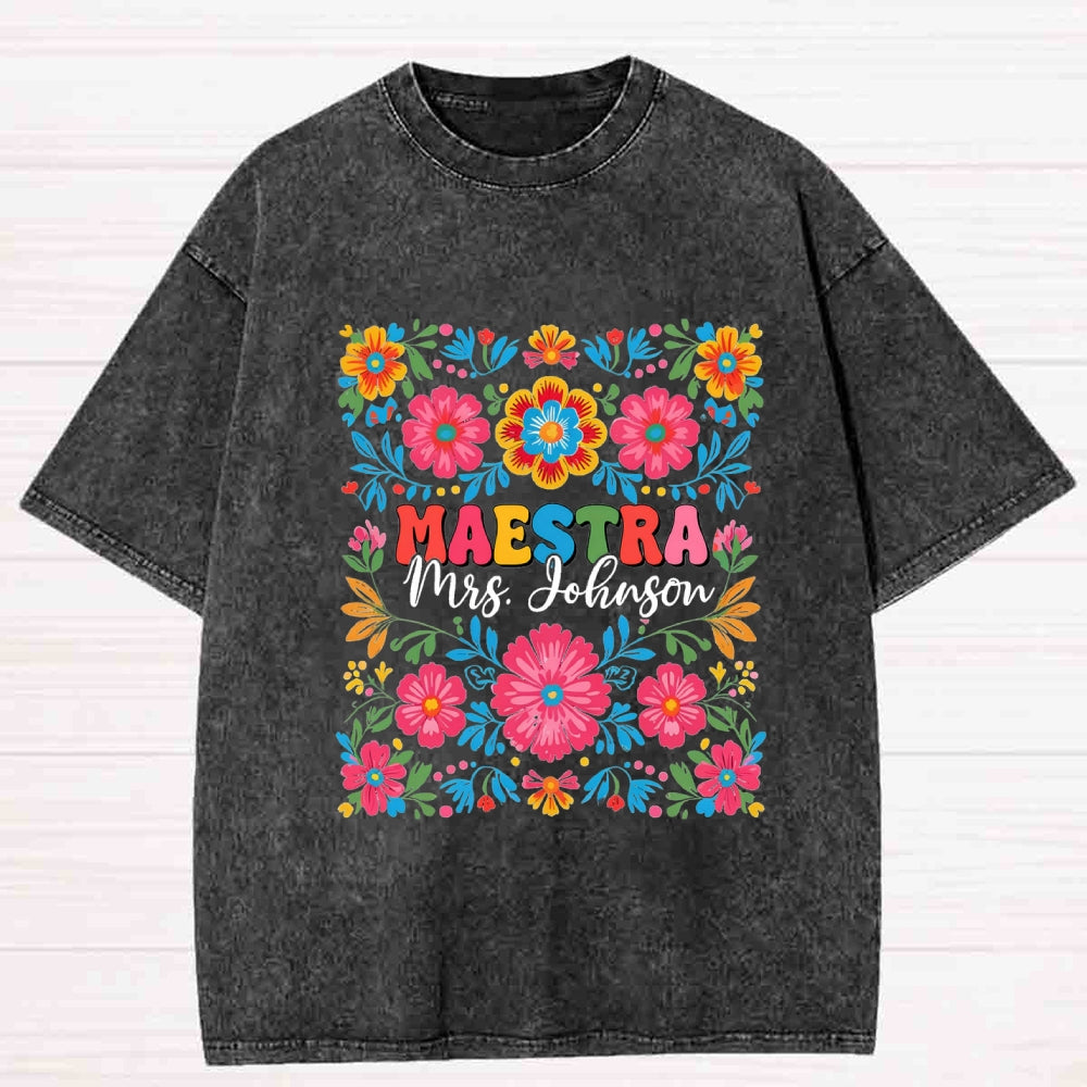 Personalized Name Maestra Bilingual Teacher Flowers Washed T-shirt