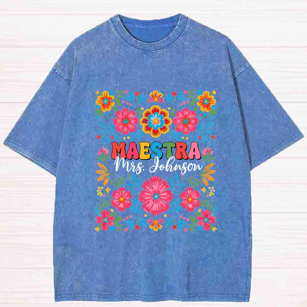 Personalized Name Maestra Bilingual Teacher Flowers Washed T-shirt
