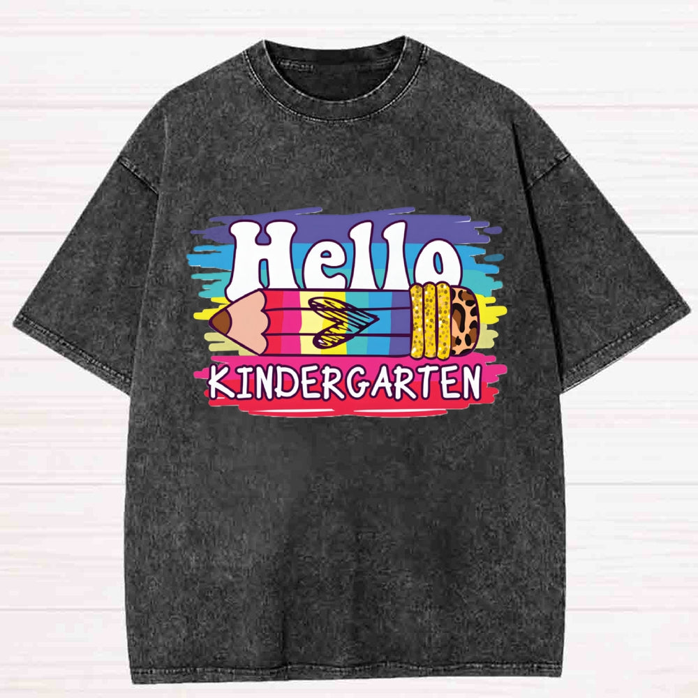 Personalized Grade Hello Kindergarten Leopard Pencil Washed T-shirt
