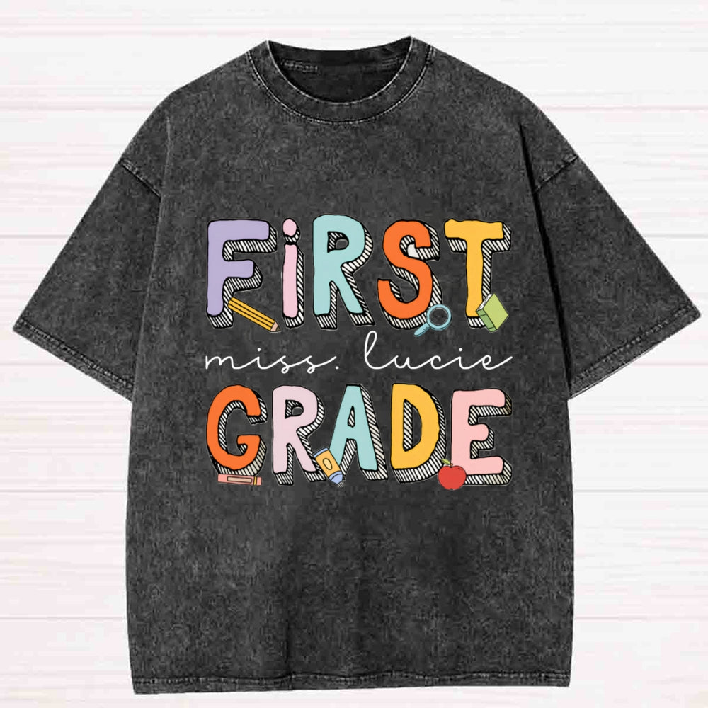 Personalized Name And Grade First Grade Striped Letter Washed T-shirt