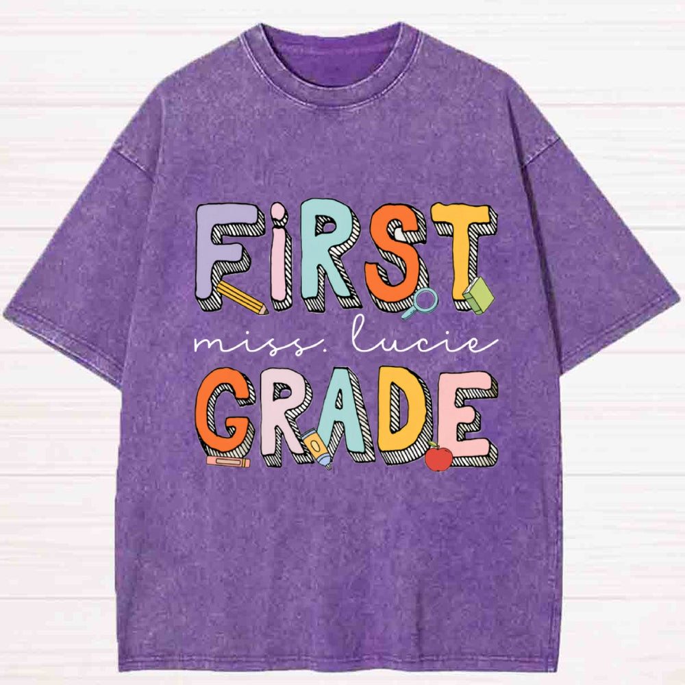 Personalized Name And Grade First Grade Striped Letter Washed T-shirt