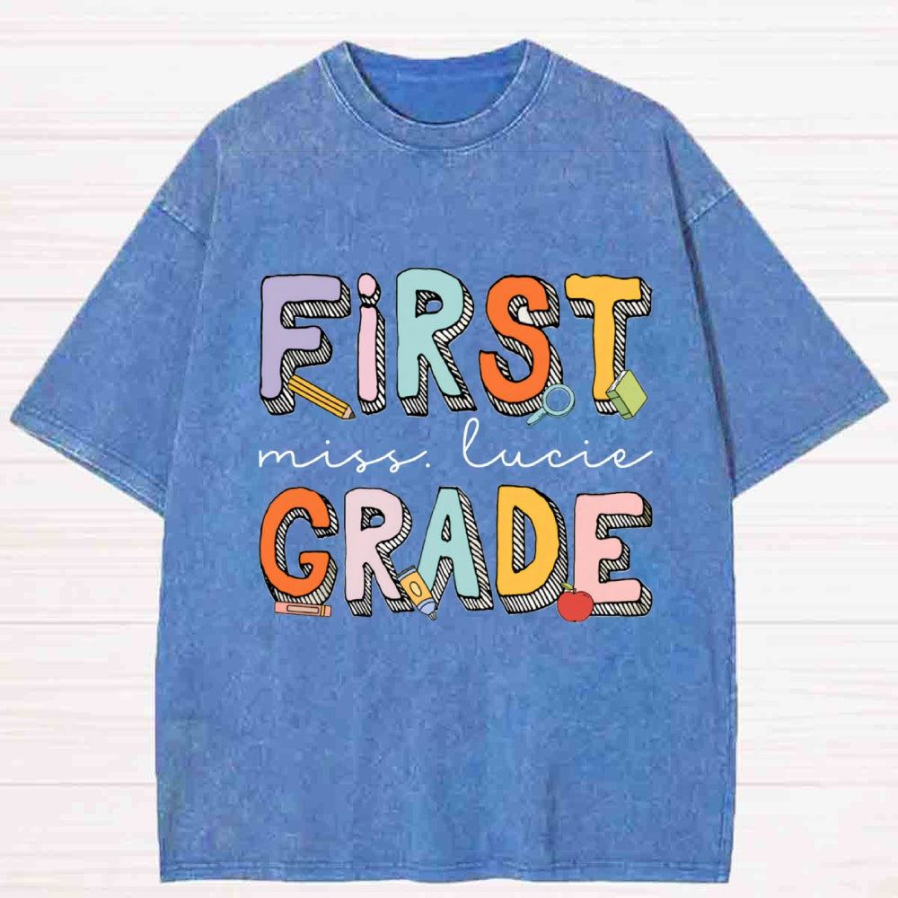 Personalized Name And Grade First Grade Striped Letter Washed T-shirt