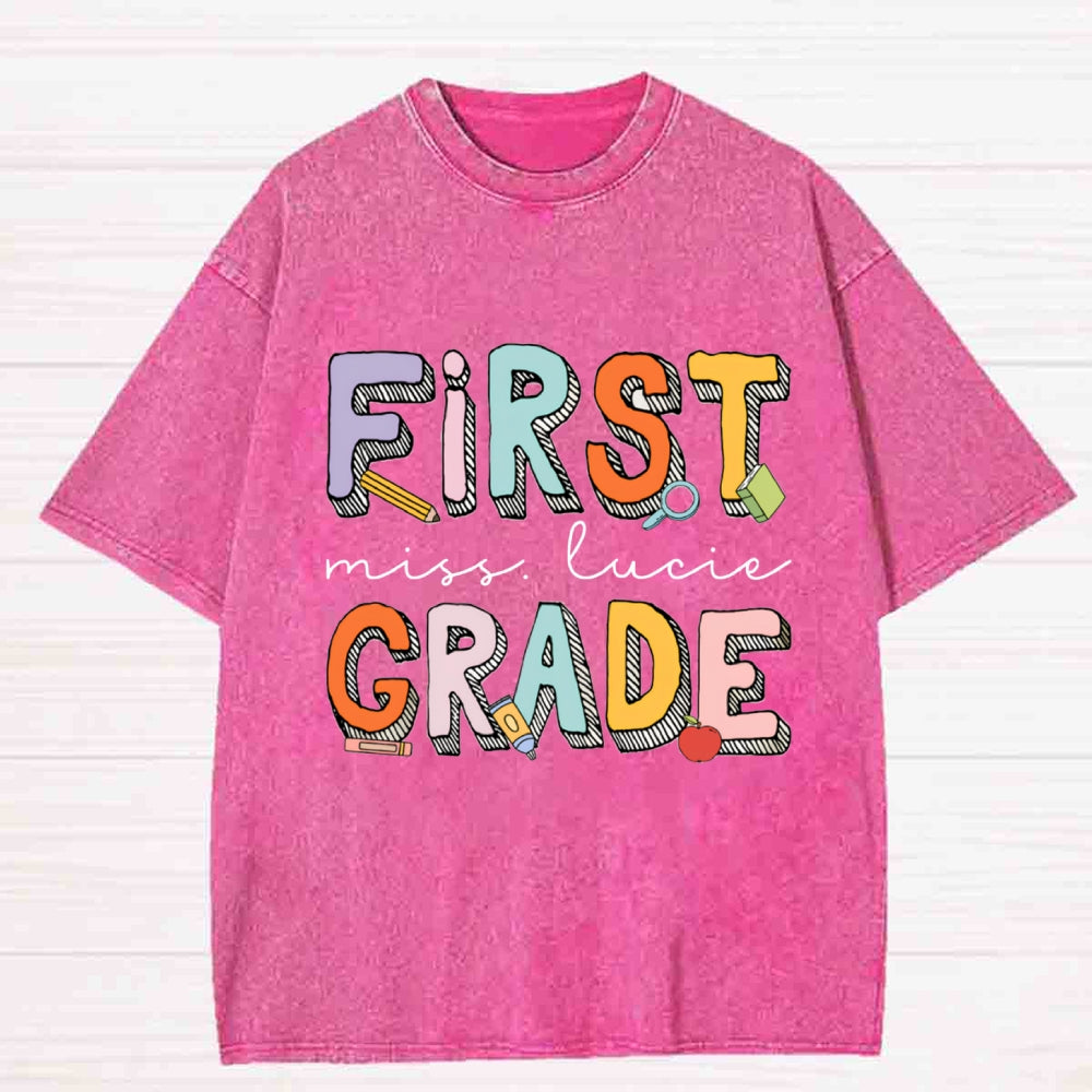 Personalized Name And Grade First Grade Striped Letter Washed T-shirt