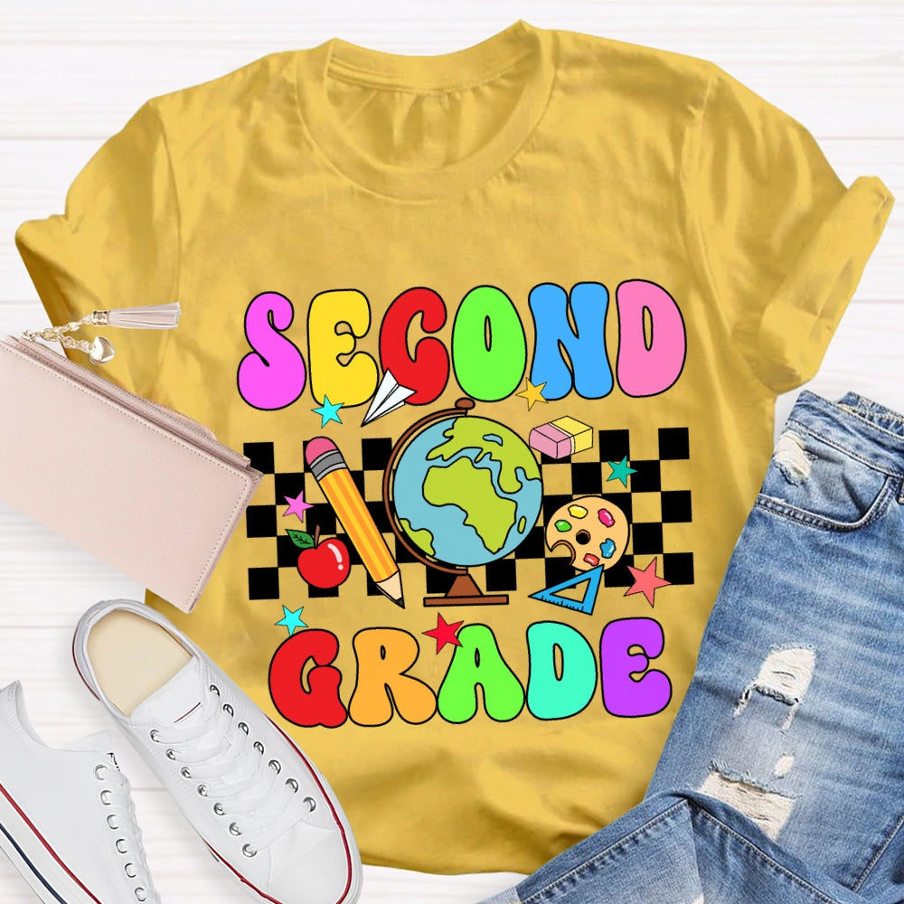 Personalized Grade And Name Checkerboard Globe T-Shirt