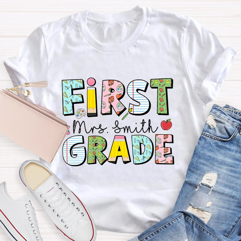 Personalized Name And Grade First Grade Colorful Printed Pattern T-shirt