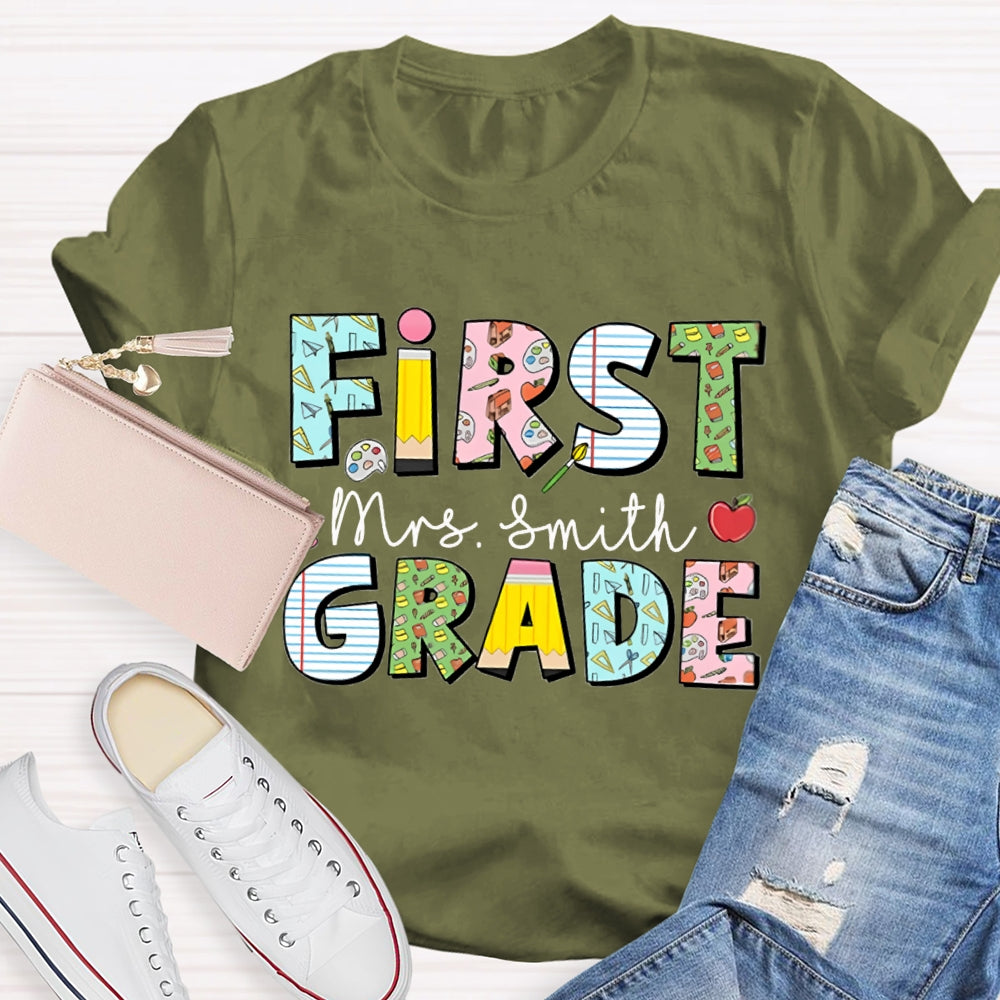 Personalized Name And Grade First Grade Colorful Printed Pattern T-shirt