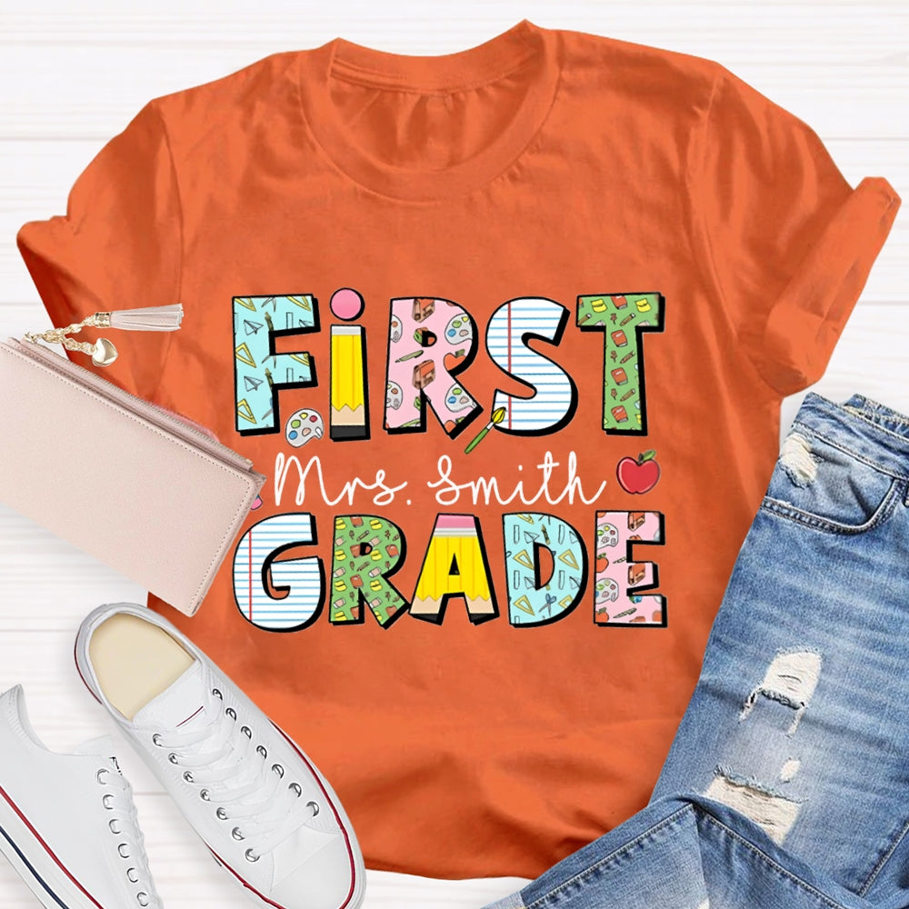 Personalized Name And Grade First Grade Colorful Printed Pattern T-shirt