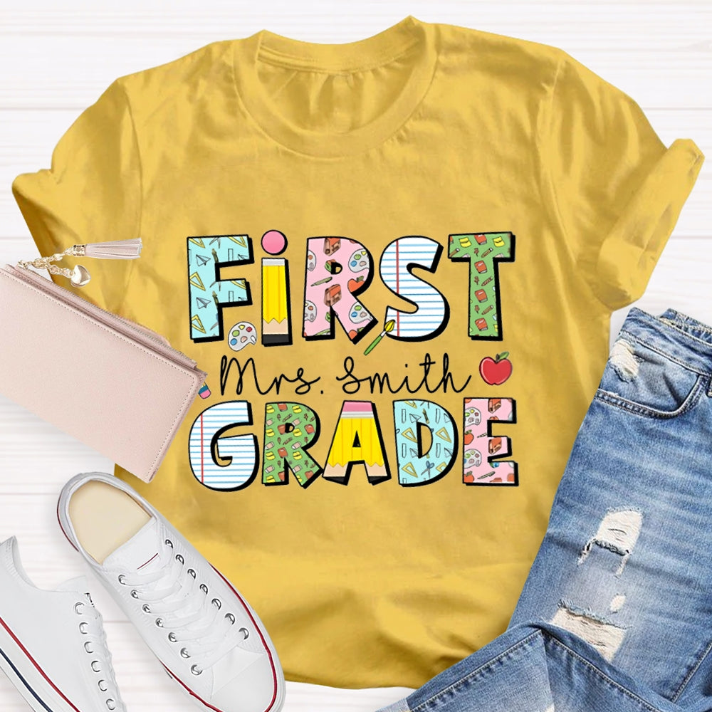 Personalized Name And Grade First Grade Colorful Printed Pattern T-shirt