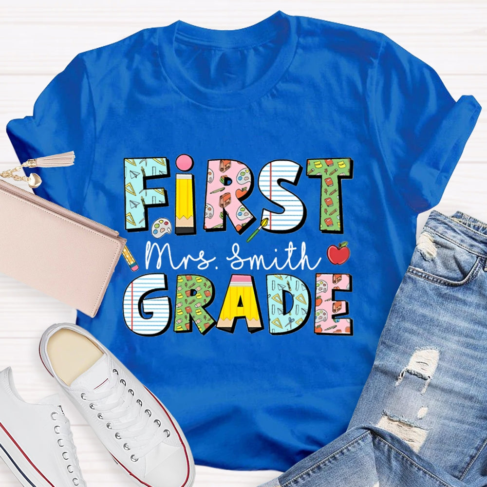 Personalized Name And Grade First Grade Colorful Printed Pattern T-shirt