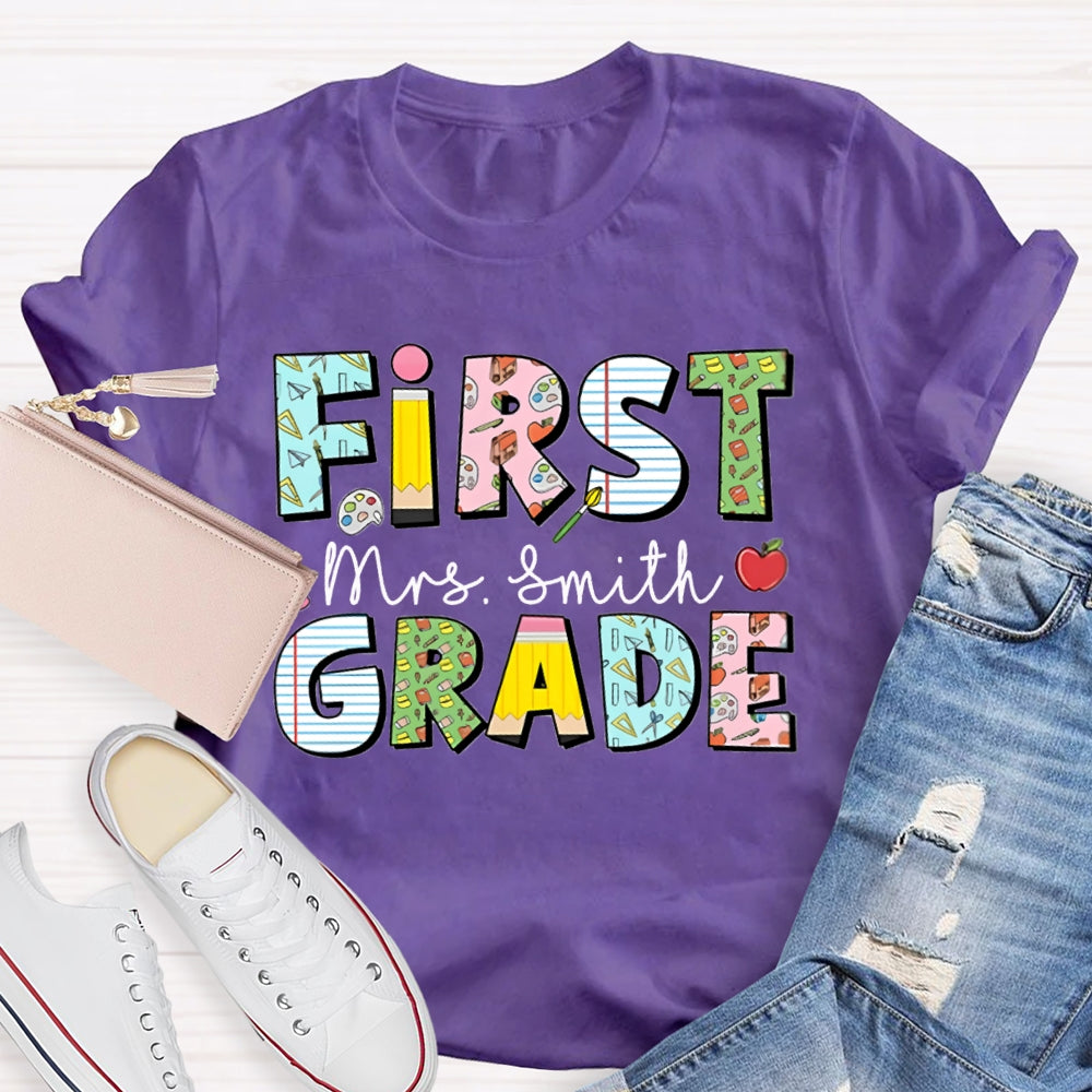 Personalized Name And Grade First Grade Colorful Printed Pattern T-shirt