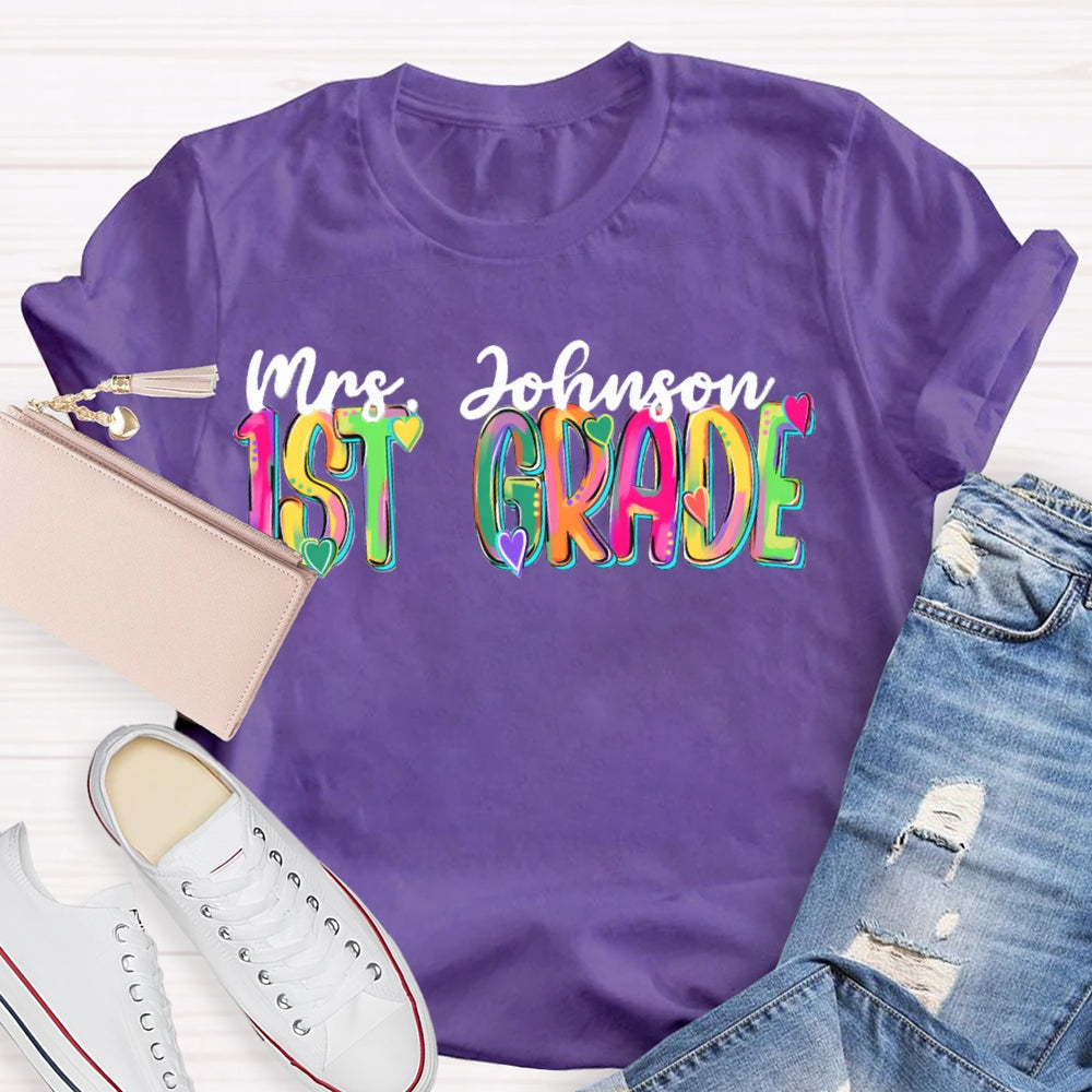 Personalized Name And Grade Colorful Tie-Dye Teacher T-shirt