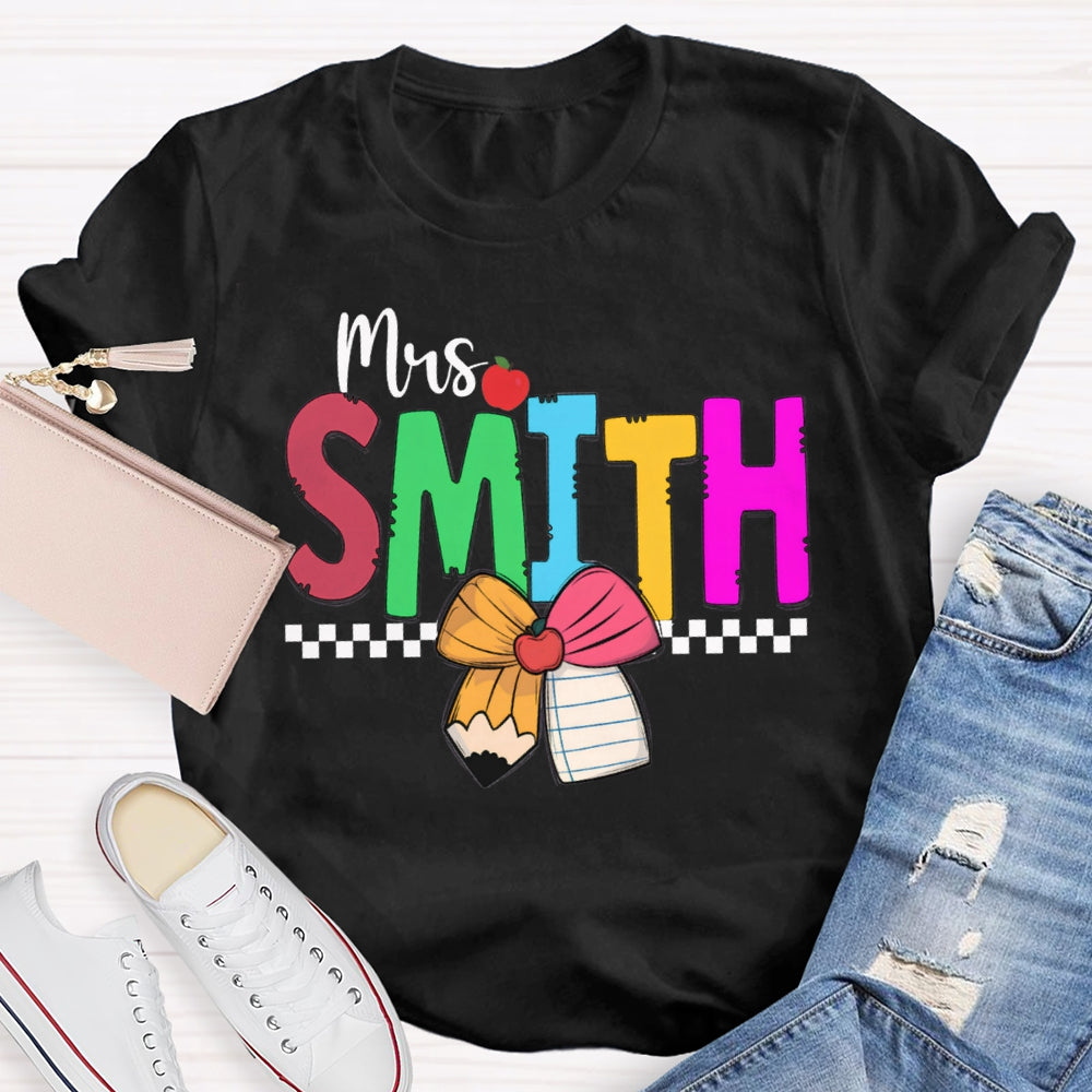 Personalized Name Colorful Bow And Apple Teacher T-shirt