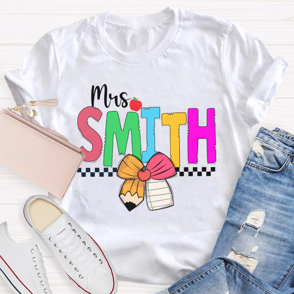 Personalized Name Colorful Bow And Apple Teacher T-shirt