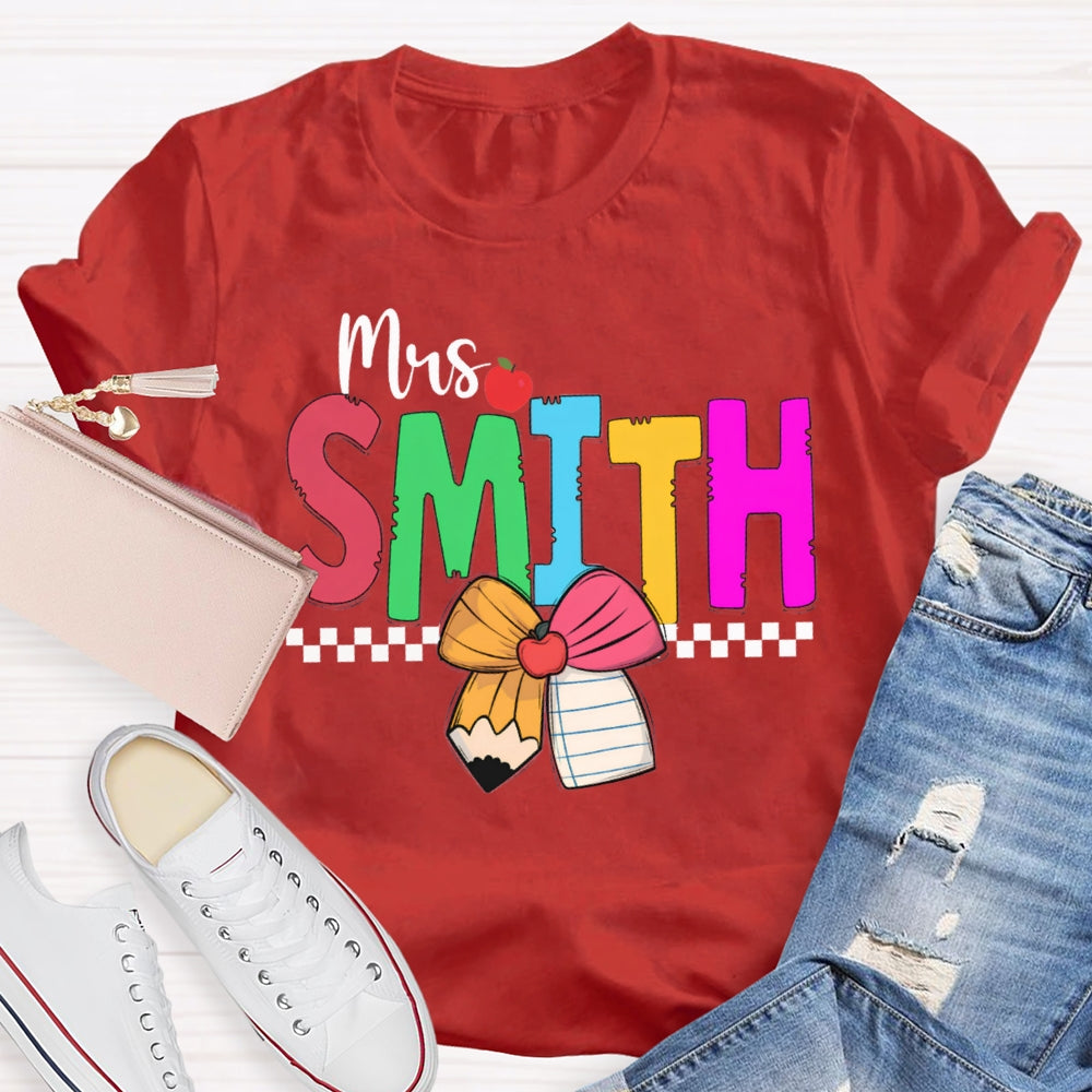 Personalized Name Colorful Bow And Apple Teacher T-shirt