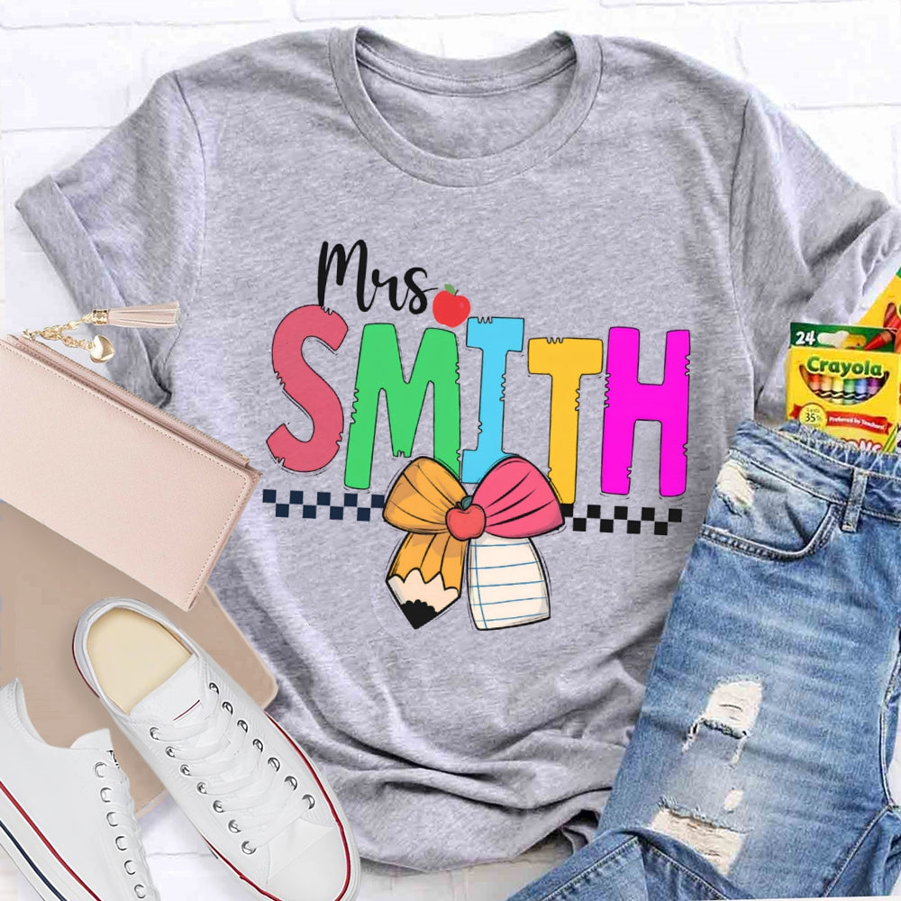 Personalized Name Colorful Bow And Apple Teacher T-shirt