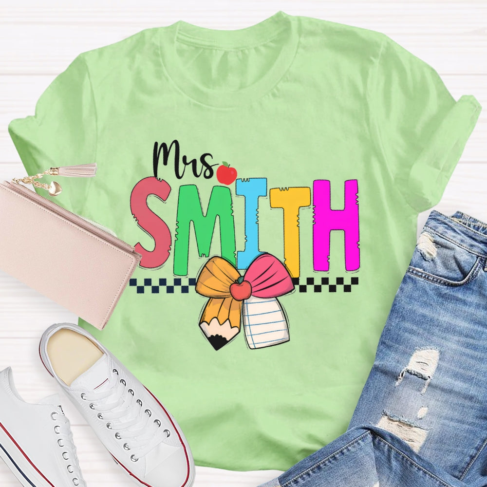 Personalized Name Colorful Bow And Apple Teacher T-shirt
