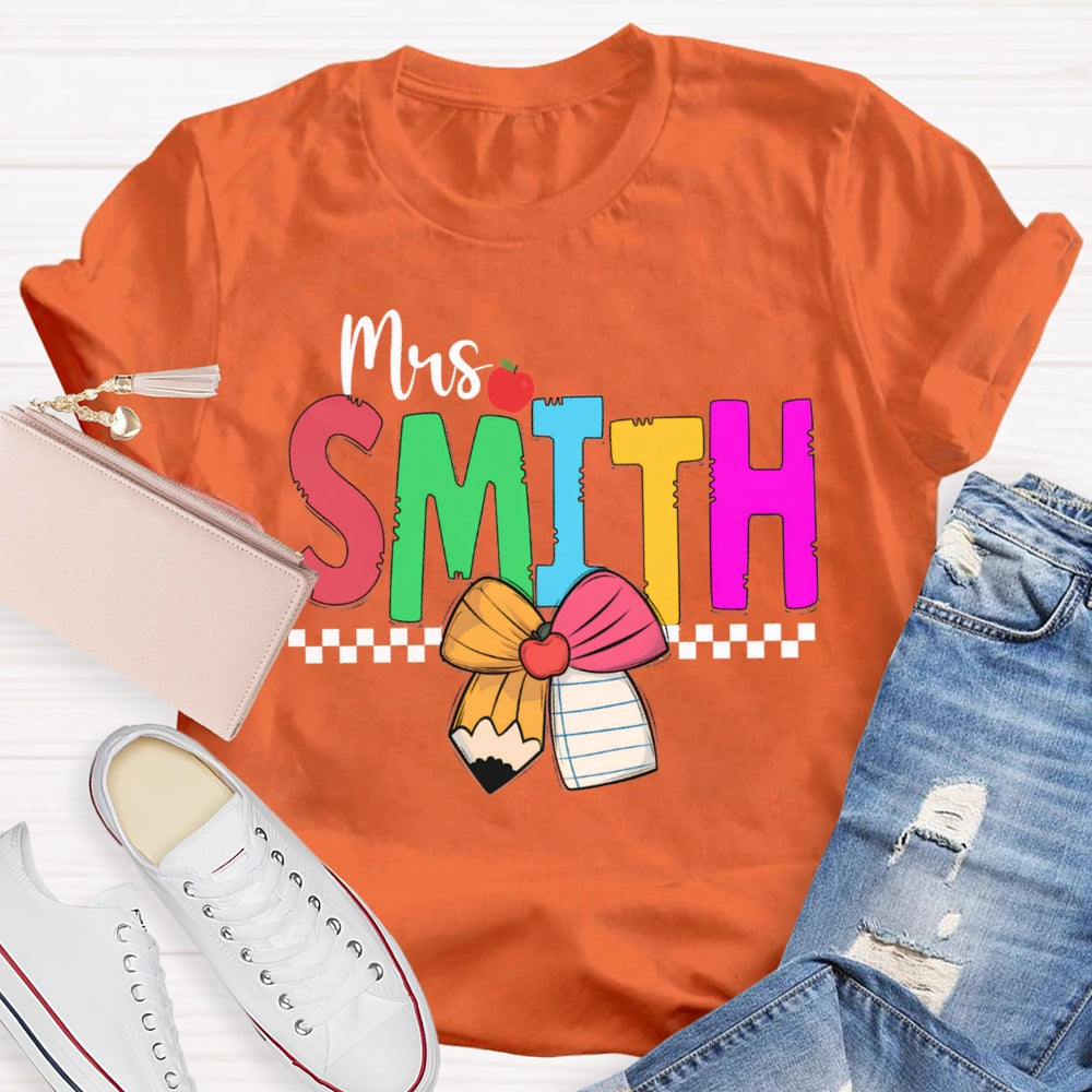 Personalized Name Colorful Bow And Apple Teacher T-shirt
