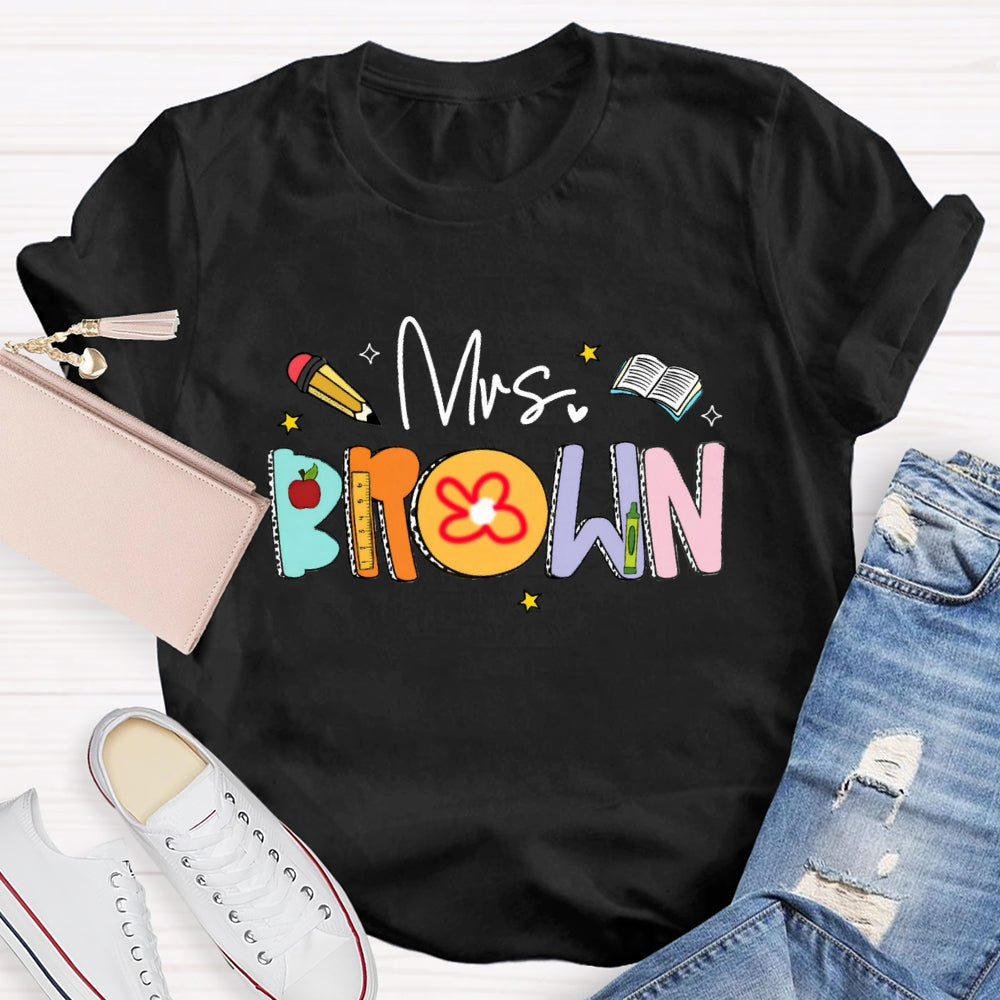 Personalized Name Mrs Brown Colorful Letter Book T-shirt