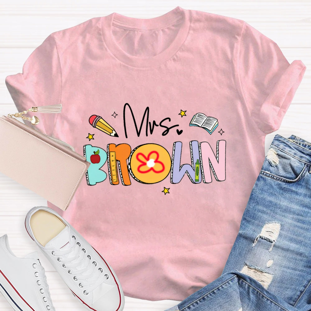 Personalized Name Mrs Brown Colorful Letter Book T-shirt