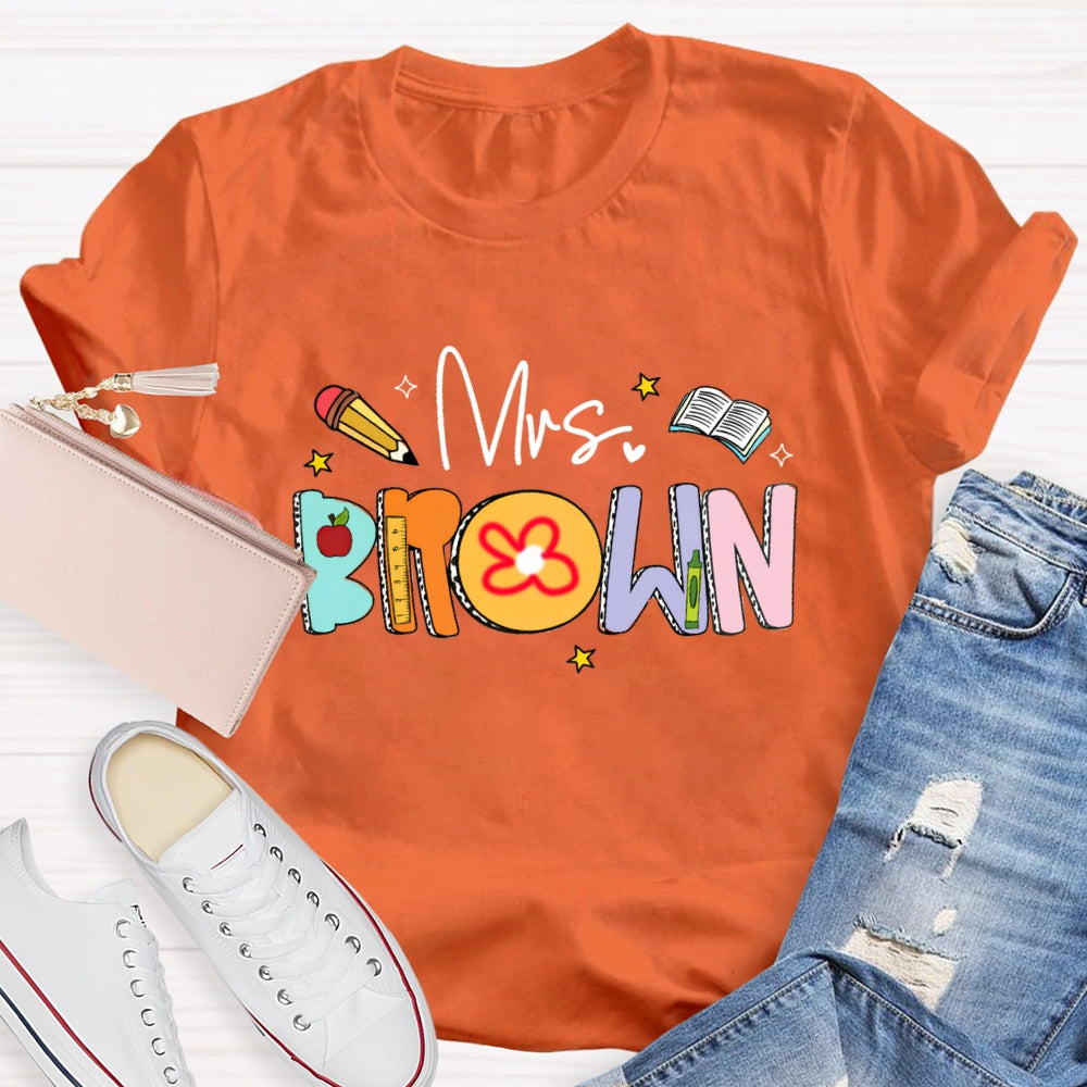 Personalized Name Mrs Brown Colorful Letter Book T-shirt