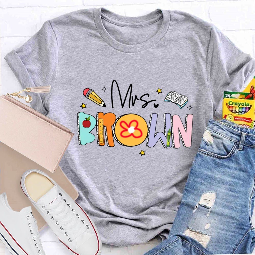 Personalized Name Mrs Brown Colorful Letter Book T-shirt