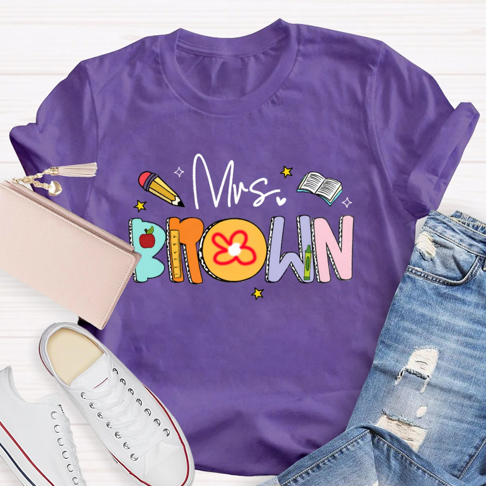 Personalized Name Mrs Brown Colorful Letter Book T-shirt