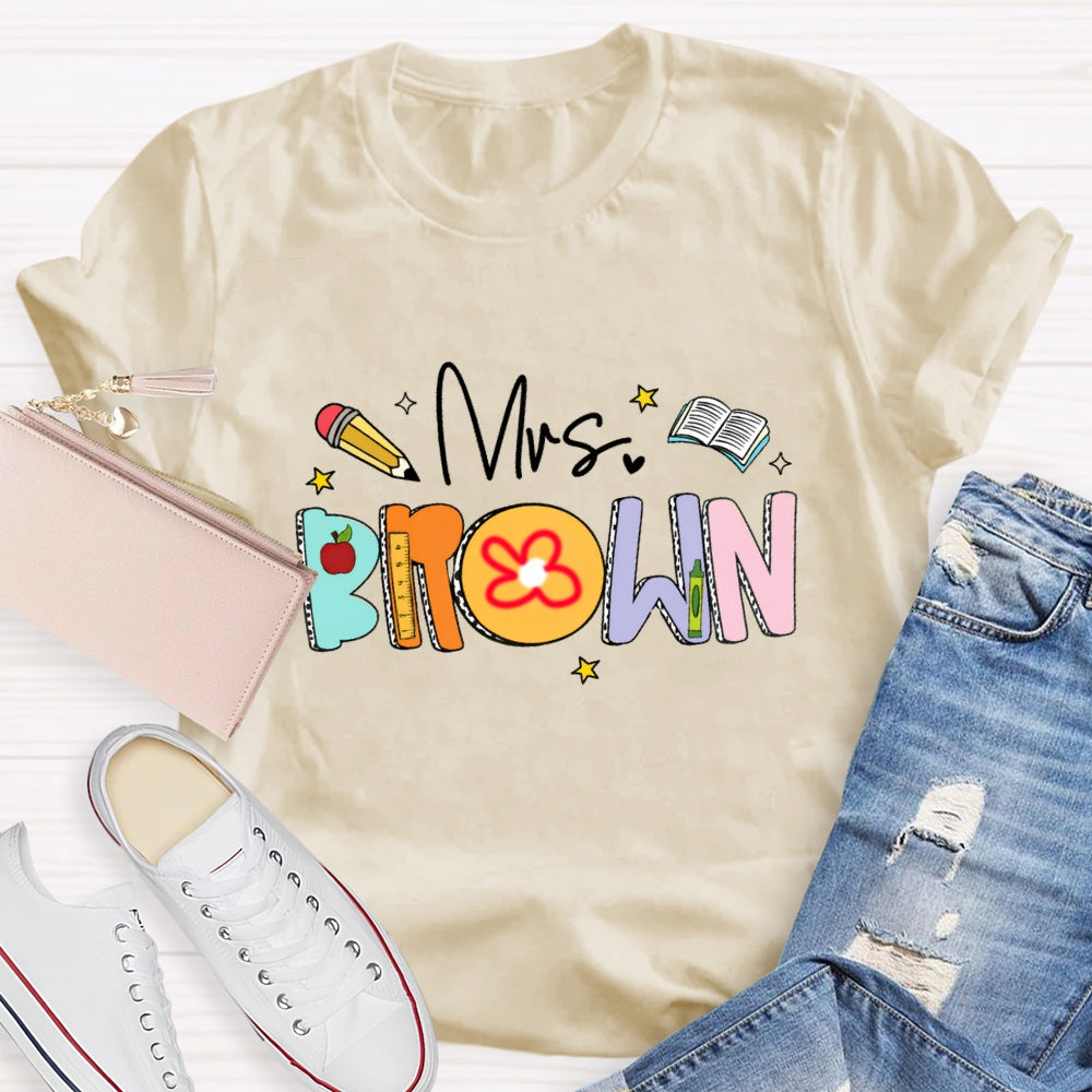 Personalized Name Mrs Brown Colorful Letter Book T-shirt