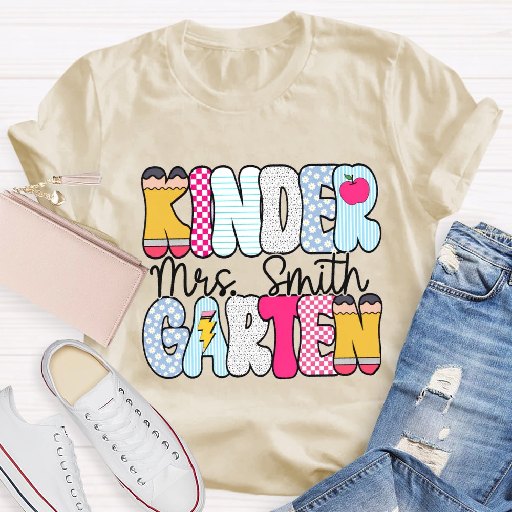 Personalized Kindergarten Teacher Name Checkerboard Polka Dot Design T-Shirt