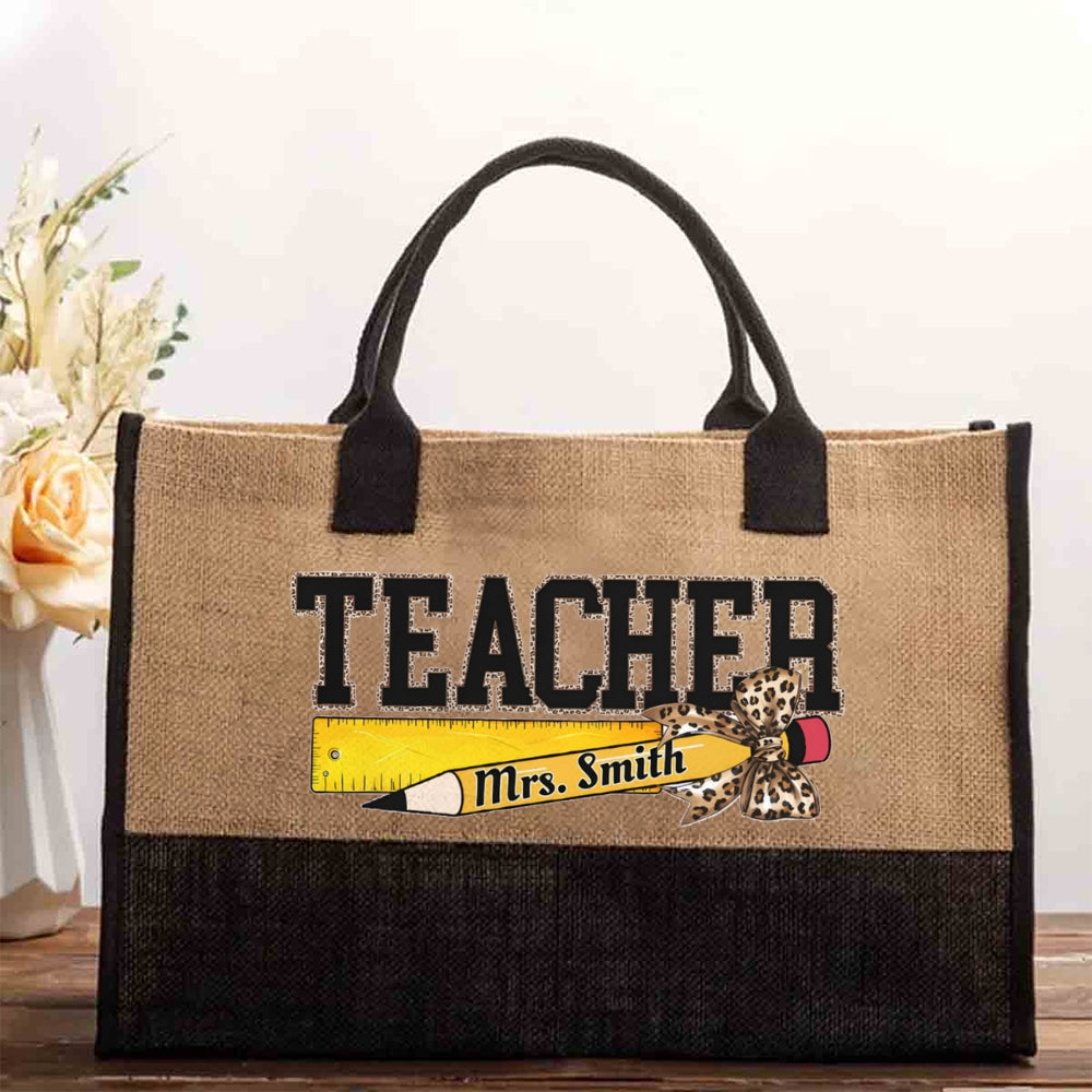 Personalized Name Leopard Teacher Pencil Cotton Tote Bag
