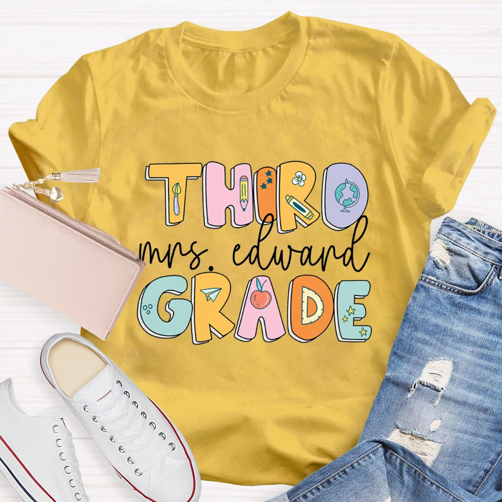 Personalized Name And Grade Second Grade Pencil And Flower T-shirt
