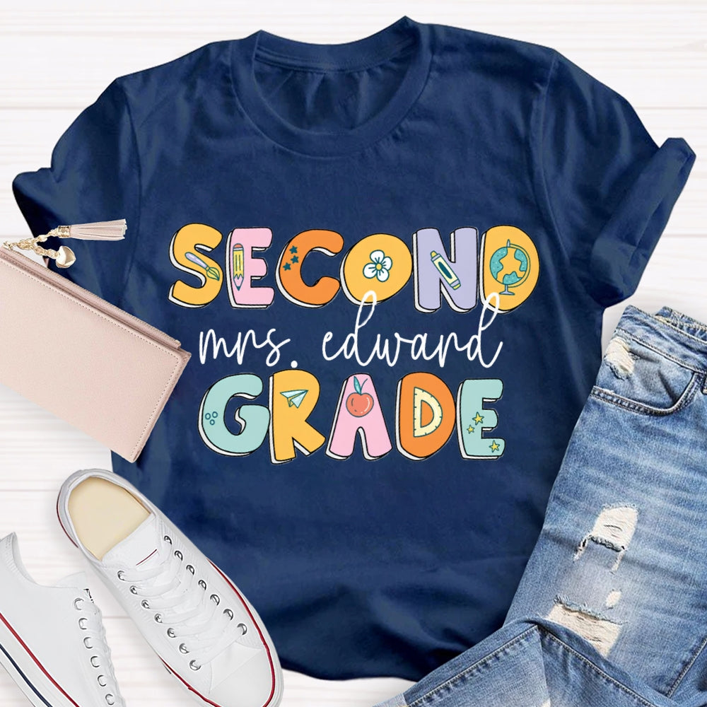 Personalized Name And Grade Second Grade Pencil And Flower T-shirt